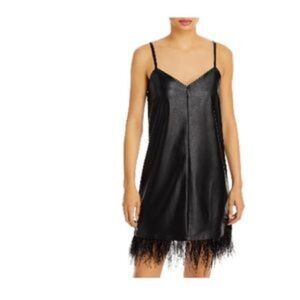 Lamarque Womens Mollie Faux Leather Feather Trim Sleeveless Slip Dress X-Large